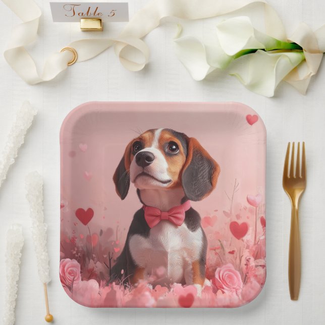 Beagle mit Rose - Valentinstag Pappteller (Hochzeit)