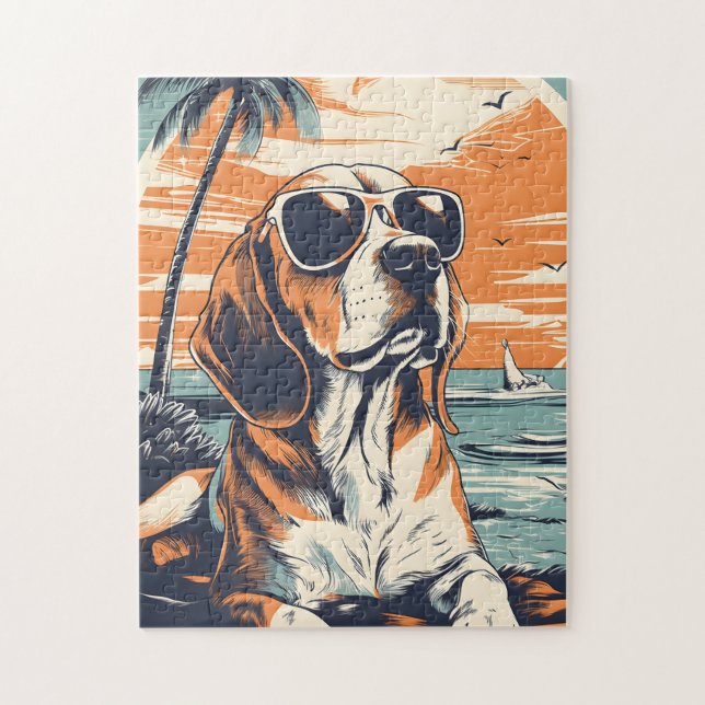 Beagle mit Sonnenbrille am Strand (Vertikal)