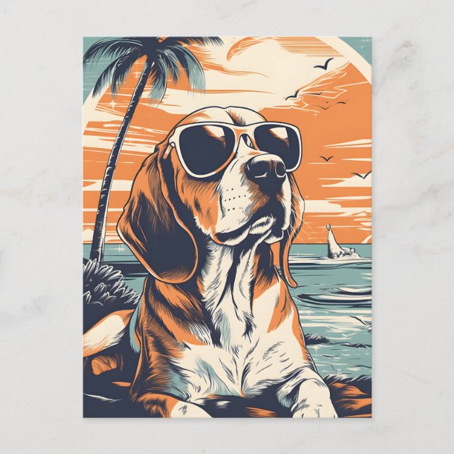 Beagle mit Sonnenbrille am Strand Feiertagspostkarte (Vorderseite)