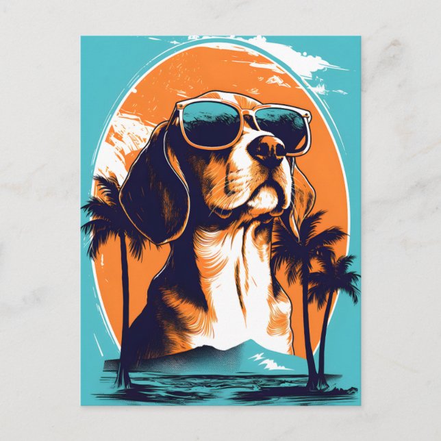 Beagle mit Sonnenbrille am Strand Postkarte (Vorderseite)