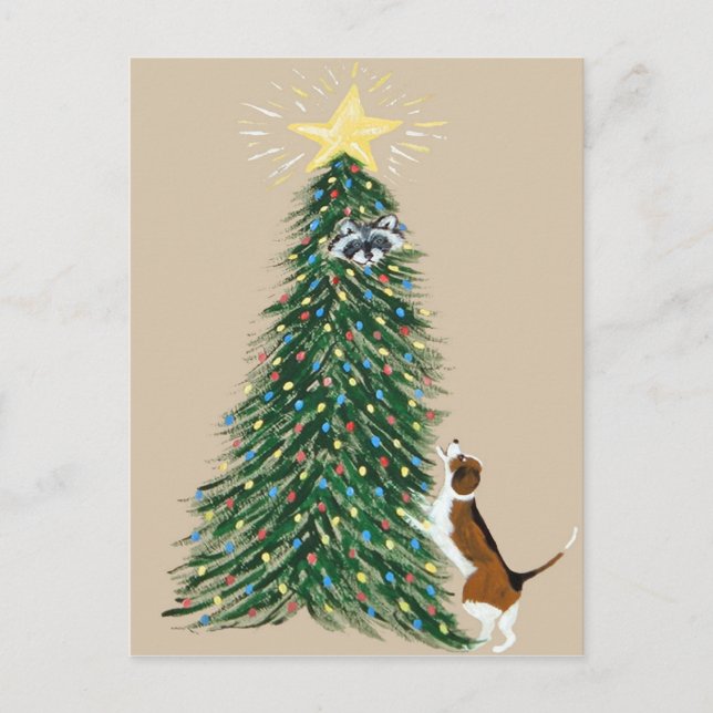 Beagle mit Waschbär im Baum Postkarte (Vorderseite)