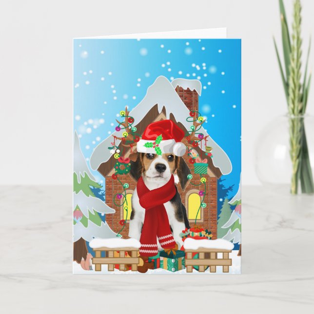 Beagle mit Weihnachtsgeschenke Karte (Vorderseite)