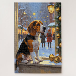 Beagle mit Weihnachtslichtern Urlaub