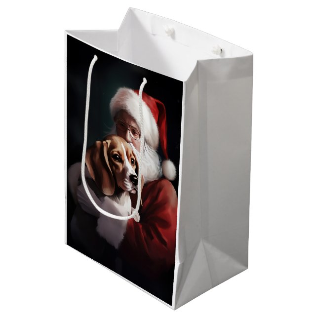 Beagle mit Weihnachtsmann Weihnachten Mittlere Geschenktüte (Vorderseite Schrägansicht)