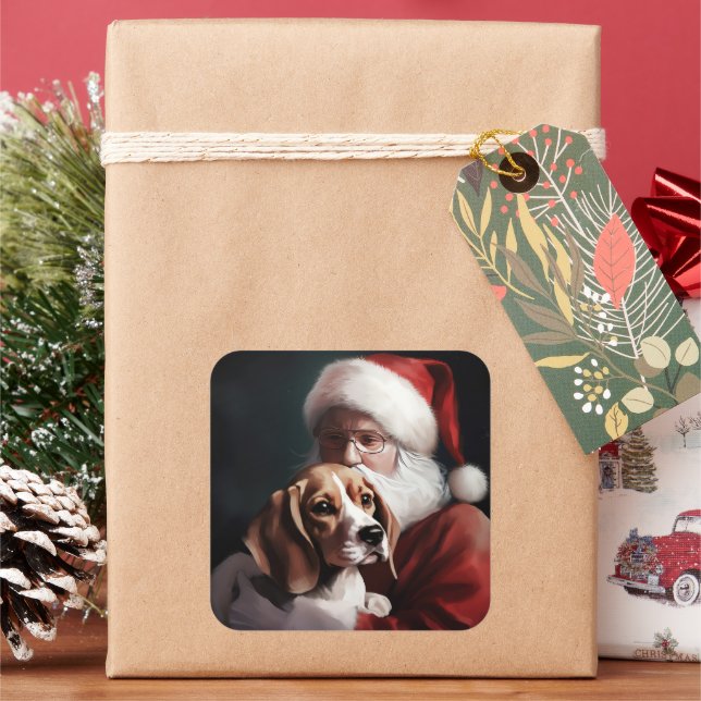 Beagle mit Weihnachtsmann Weihnachten Quadratischer Aufkleber (Feiertag)