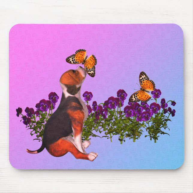 Beagle Puppy Butterfets Stiefmütterchen Mousepad (Vorne)