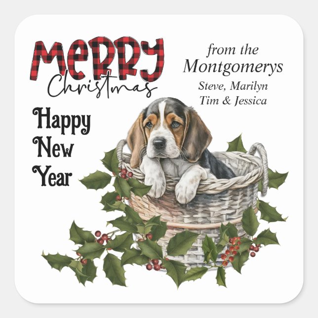 Beagle Puppy Holly Basket Weihnachten Quadratischer Aufkleber (Vorderseite)