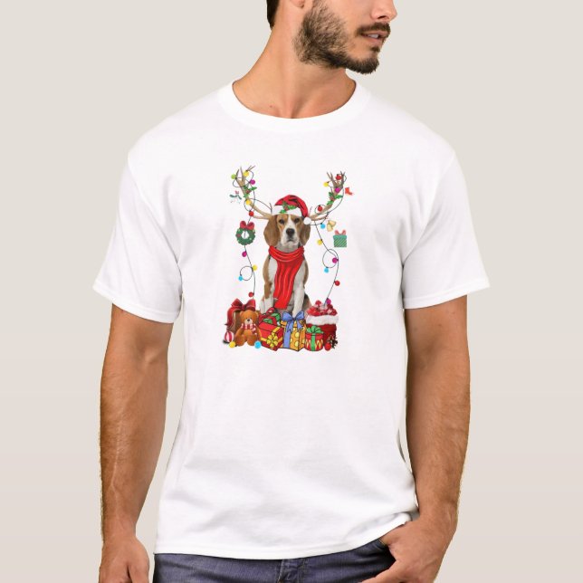 Beagle Reindeer Weihnachtsfarbenleuchten T-Shirt (Vorderseite)