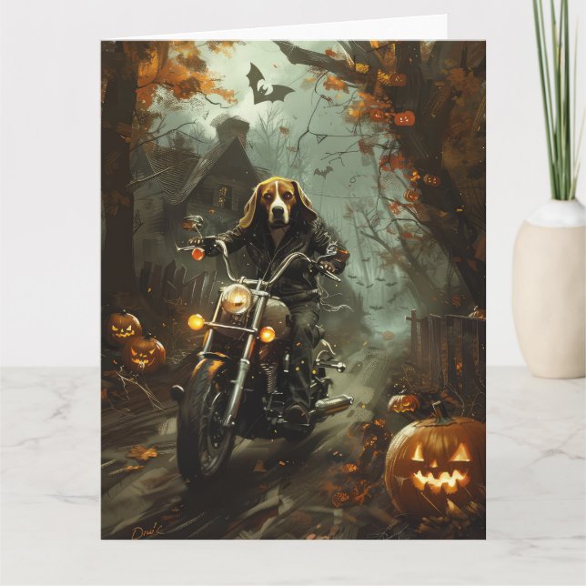 Beagle Riding Motorrad Halloween Beängstigend Karte (Vorderseite)