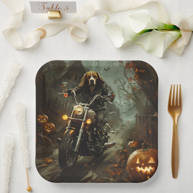 Beagle Riding Motorrad Halloween Beängstigend Pappteller (Hochzeit)