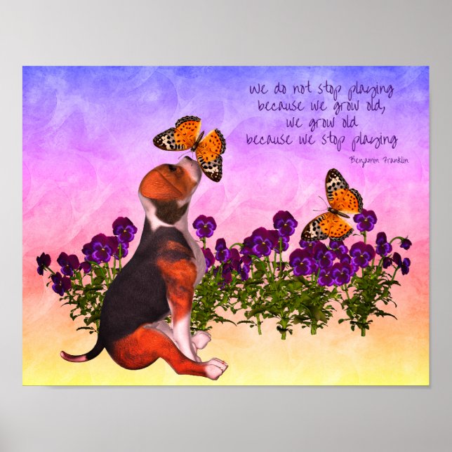 Beagle-Schmetterlinge Blume Inspirationszeitquote Poster (Vorne)