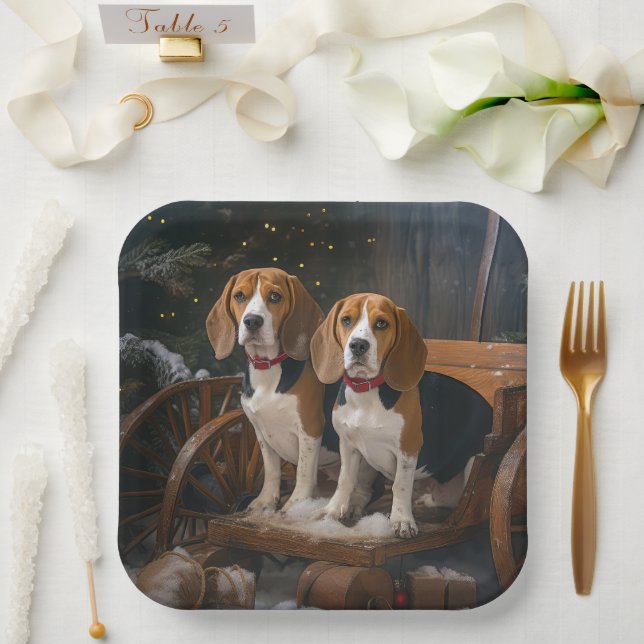 Beagle Snowy Sleigh Weihnachtsdekor Pappteller (Hochzeit)