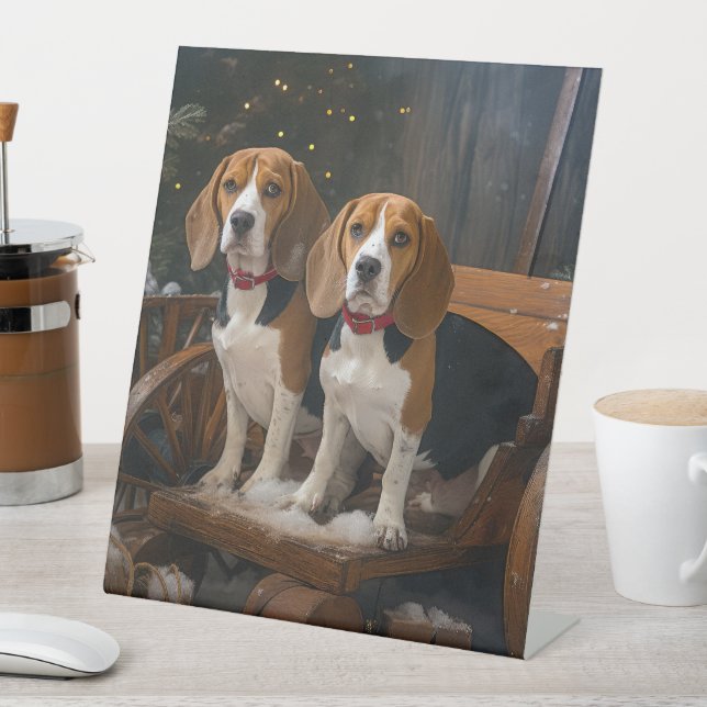 Beagle Snowy Sleigh Weihnachtsdekor Sockelschild (In Situ)