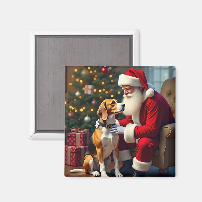 Beagle trifft Weihnachtsmann Weihnachtsbild Magnet (Vorderseite/Rückseite)