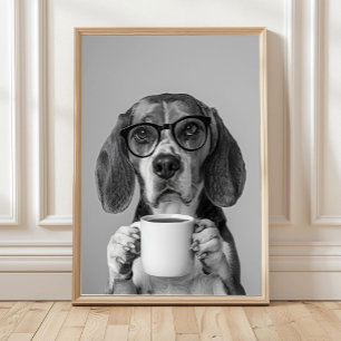 Beagle trinkt Kaffee Wandkunst, Schwarz und Weiß Poster