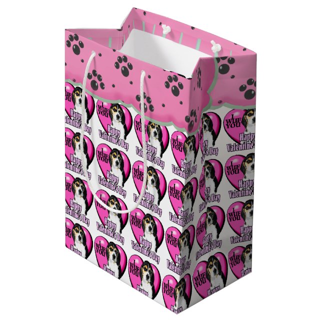 Beagle Valentinstag Mittlere Geschenktüte (Rückseite Schrägansicht)