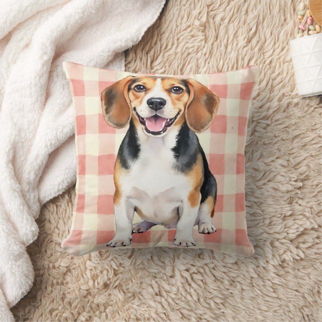 Beagle-Wasserfarbe-Gingham-Muster-Kunst Kissen (Decke)