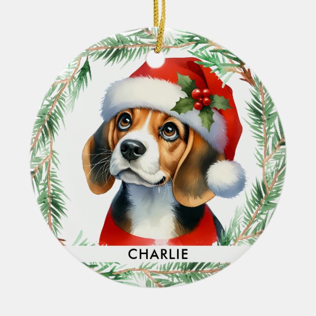 Beagle Weihnachten Personalisiert Niedlich Santa D Keramik Ornament (Vorne)
