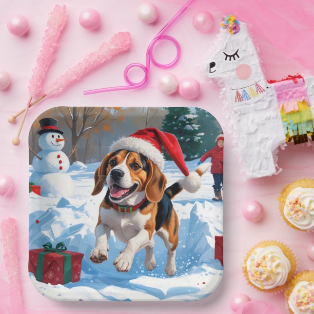 Beagle Weihnachten Weihnachtsfest Schneeszene Pappteller (Party)