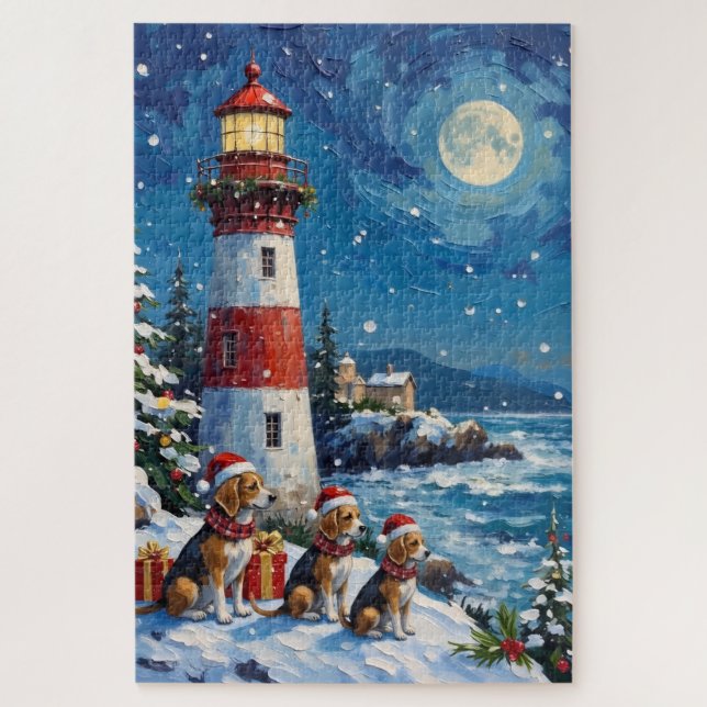 Beagle Weihnachts Leuchtturm Urlaub (Vertikal)