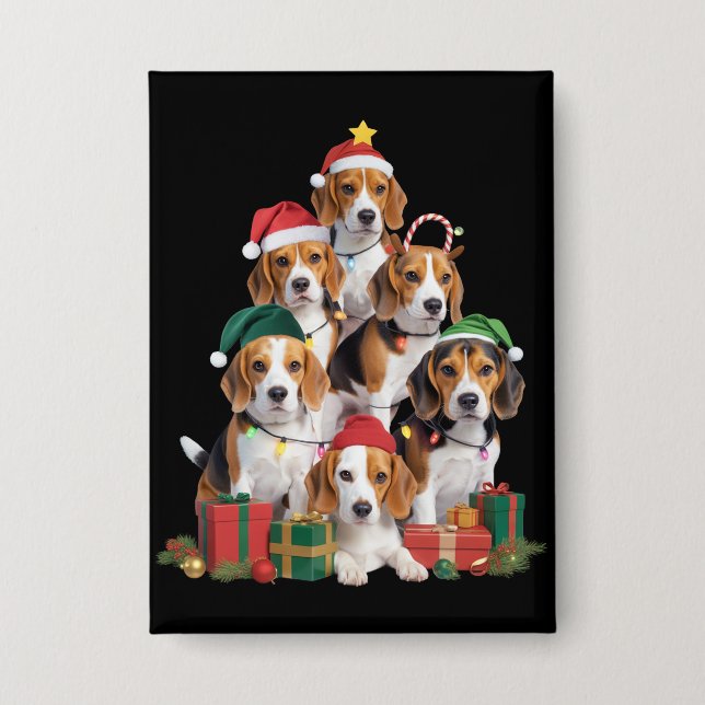 Beagle Weihnachtsbaum mit Weihnachtsmannmütze Hund Button (Vorderseite)