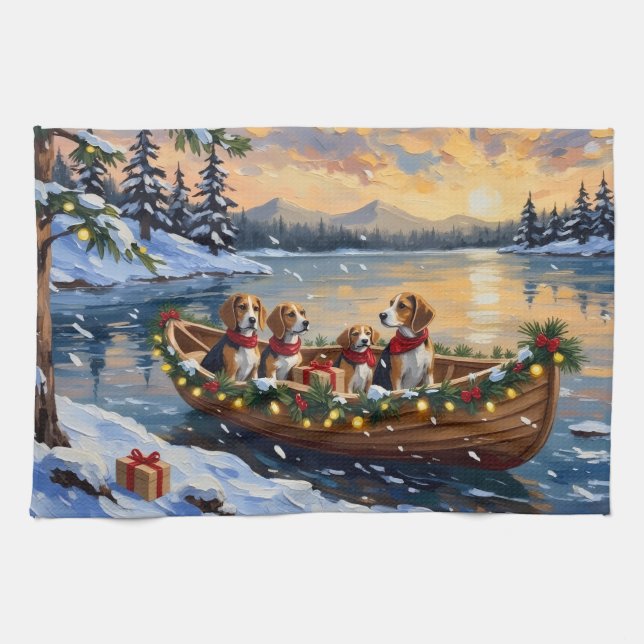Beagle Weihnachtsboot-Feiertag Geschirrtuch (Horizontal)