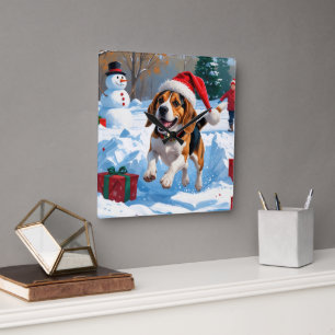 Beagle Weihnachtsfest Schnee Szene Quadratische Wanduhr