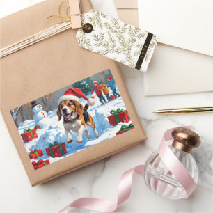 Beagle Weihnachtsfest Schnee Szene Rechteckiger Aufkleber