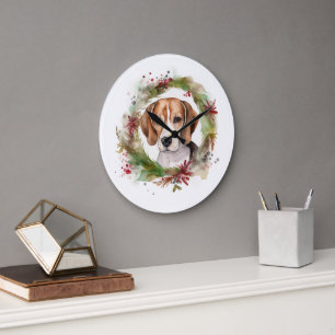 Beagle-Weihnachtskranz Festiver Hund Große Wanduhr