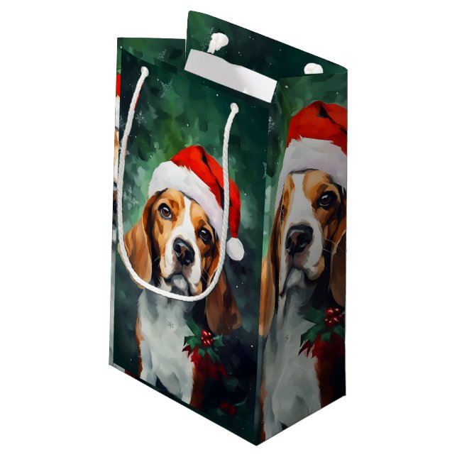 Beagle Weihnachtsmalerei Kleine Geschenktüte (Rückseite Schrägansicht)
