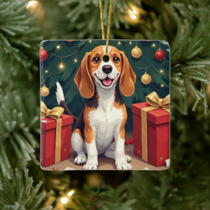 Beagle Weihnachtsmorgen-Geschenk-Auspacken-Malerei Keramikornament