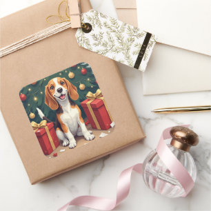 Beagle Weihnachtsmorgen-Geschenk-Auspacken-Malerei Quadratischer Aufkleber