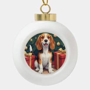 Beagle-Weihnachtsmorgen-Geschenkauspacken-Malerei Keramik Kugel-Ornament
