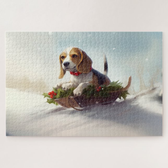 Beagle Weihnachtsschnee im Winter (Horizontal)