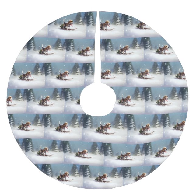 Beagle Weihnachtsschnee im Winter Polyester Weihnachtsbaumdecke (Vorderseite)