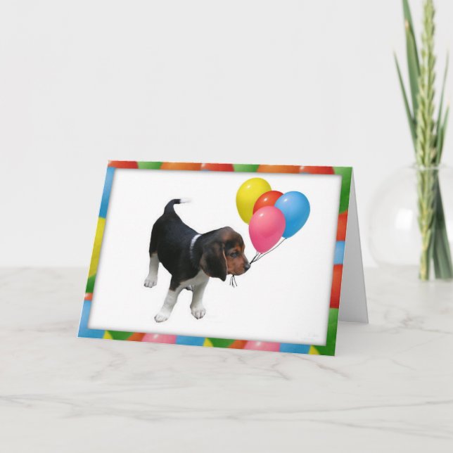 Beagle Welpe und Balloons Geburtstagskarte Karte (Vorderseite)