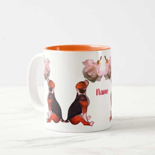 Beagle Welpe White Rose Niedlicher Hund Personalis Zweifarbige Tasse (Vorderseite Links)