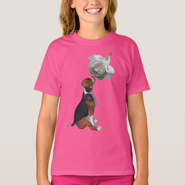 Beagle Welpe White Rose Niedlicher Hund T-Shirt (Vorderseite)