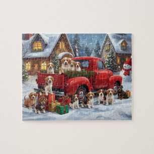 Beagle-Welpen Rote LKW Weihnachten Schnee Szene
