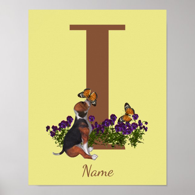 Beagle-Welpen Schmetterlinge Monogramm Anfangsbuch Poster (Vorne)