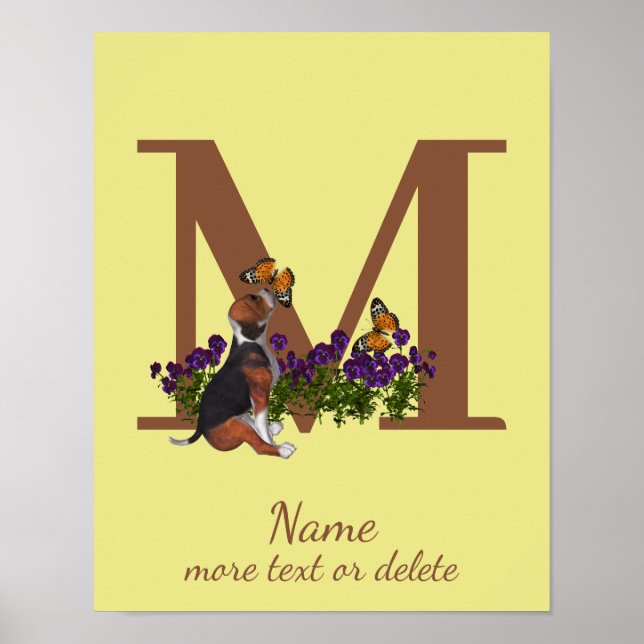 Beagle-Welpen Schmetterlinge Monogramm Anfangsbuch Poster (Vorne)