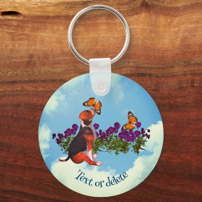 Beagle Welpenschmetterlinge Blume Personalisiert Schlüsselanhänger (Vorderseite)