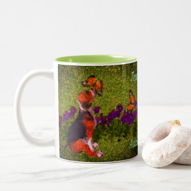 Beagle Welpenschmetterlinge Hunde Kunst Personalis Zweifarbige Tasse (Mit Donut)