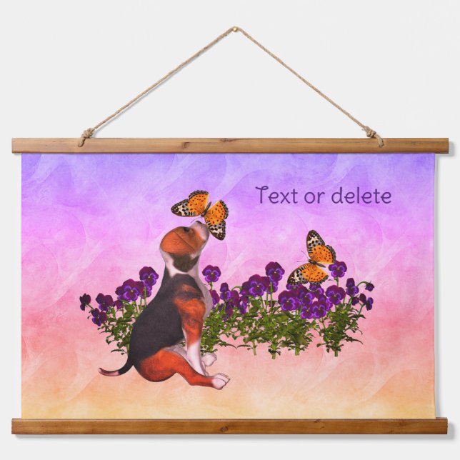 Beagle Welpenschmetterlinge und Blume Personalisie Wandteppich Mit Holzrahmen (Vorne)