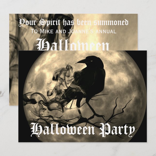 Beängstigend Black Raven Full Moon Halloween-Party Einladung (Vorne/Hinten)