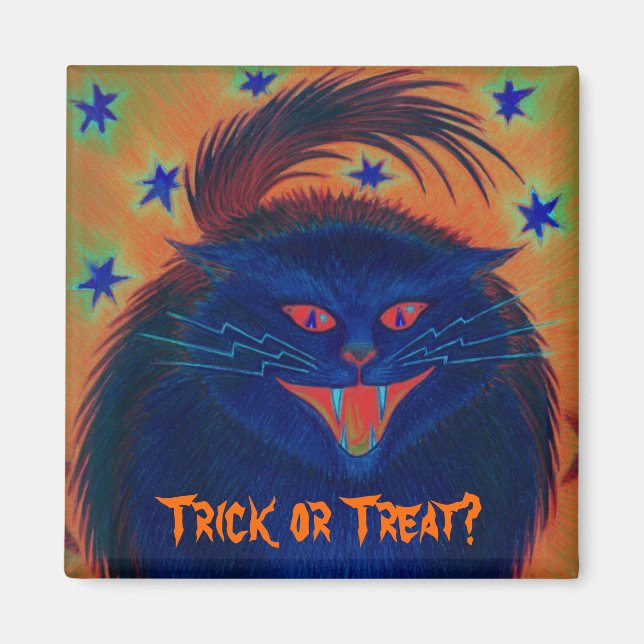 Beängstigend Cat Blue "Trick or Treat?" Kühlschran Magnet (Vorne)