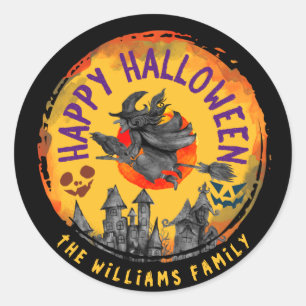 Beängstigend Happy Halloween Orange Witch Broomsti Runder Aufkleber