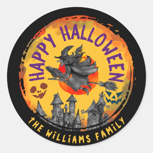 Beängstigend Happy Halloween Orange Witch Broomsti Runder Aufkleber (Vorderseite)
