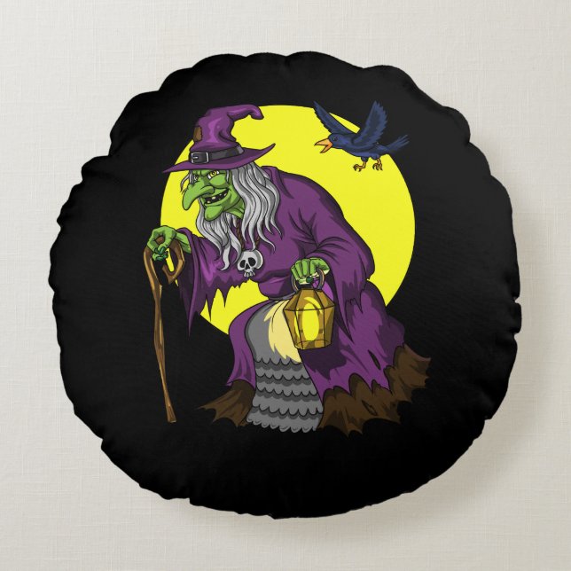 Beängstigend Hexe Spooky Raven Halloween Rundes Kissen (Vorderseite)