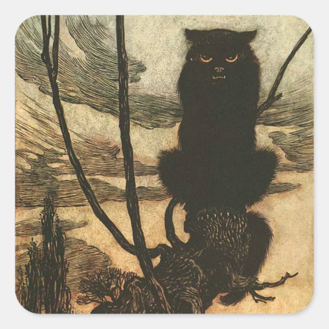 Beängstigende Halloween Black Cat Vintag Rackham Quadratischer Aufkleber (Vorderseite)